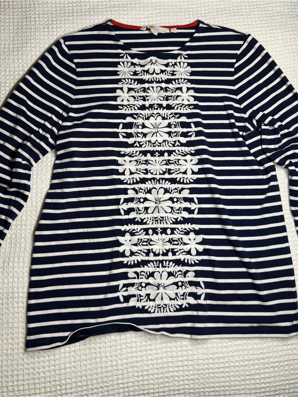 Boden Navy & White Striped Long Sleeve Top with Center Floral Embroidery